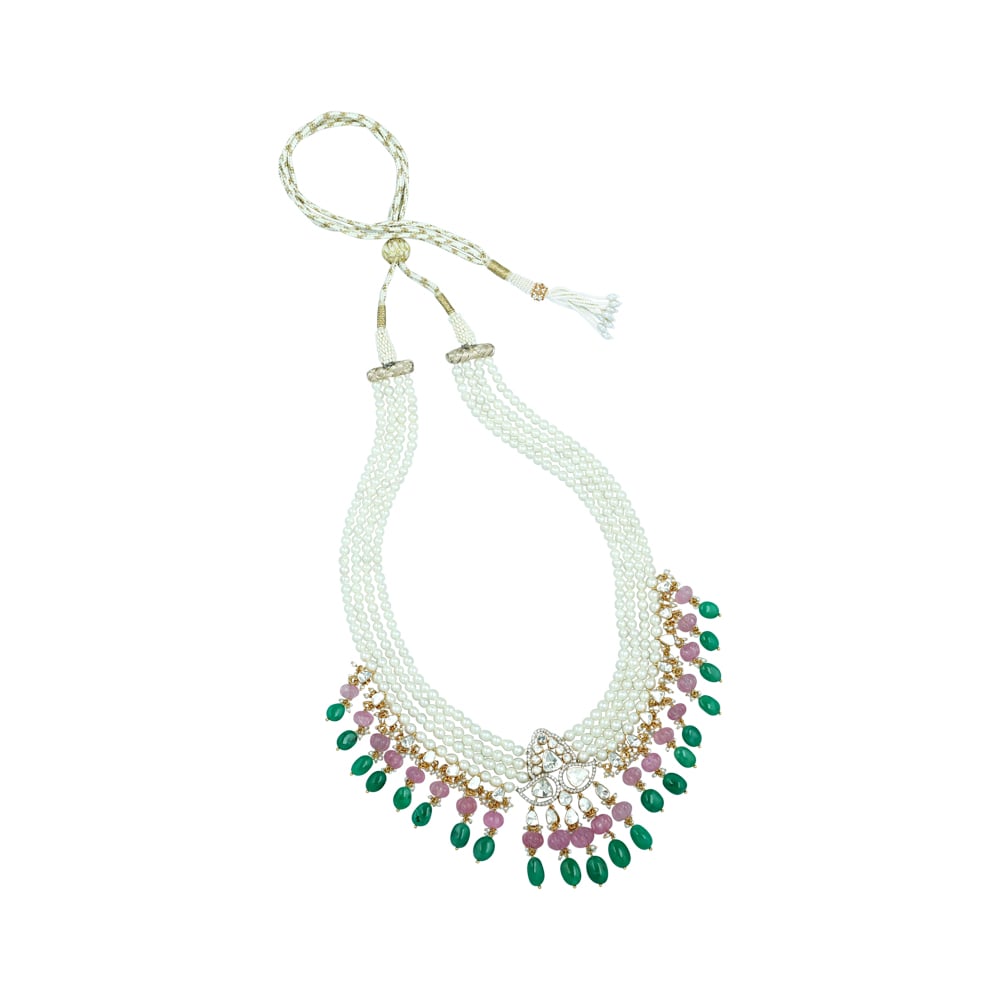 Layered Pearl Necklace with Polki, Emerald, and Rose Quartz Beads